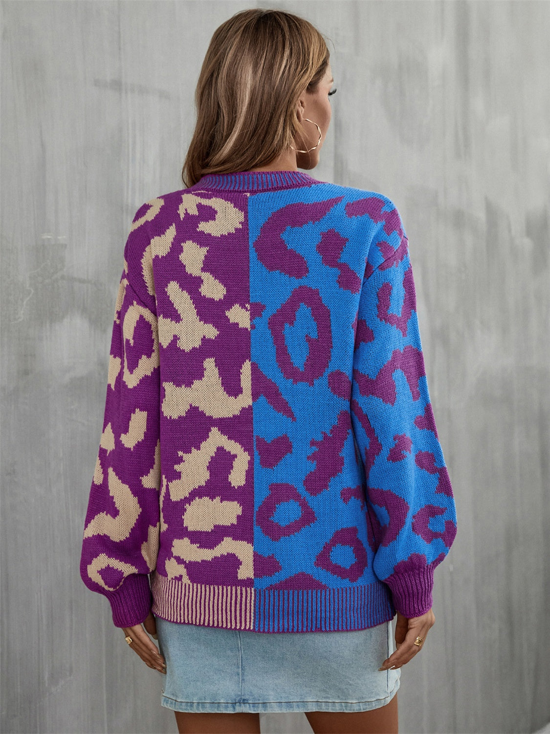 Leopard Round Neck Long Sleeve Sweater - AllIn Computer
