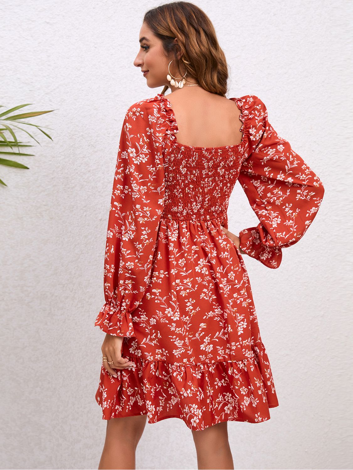 Floral Smocked Square Neck Dress - AllIn Computer