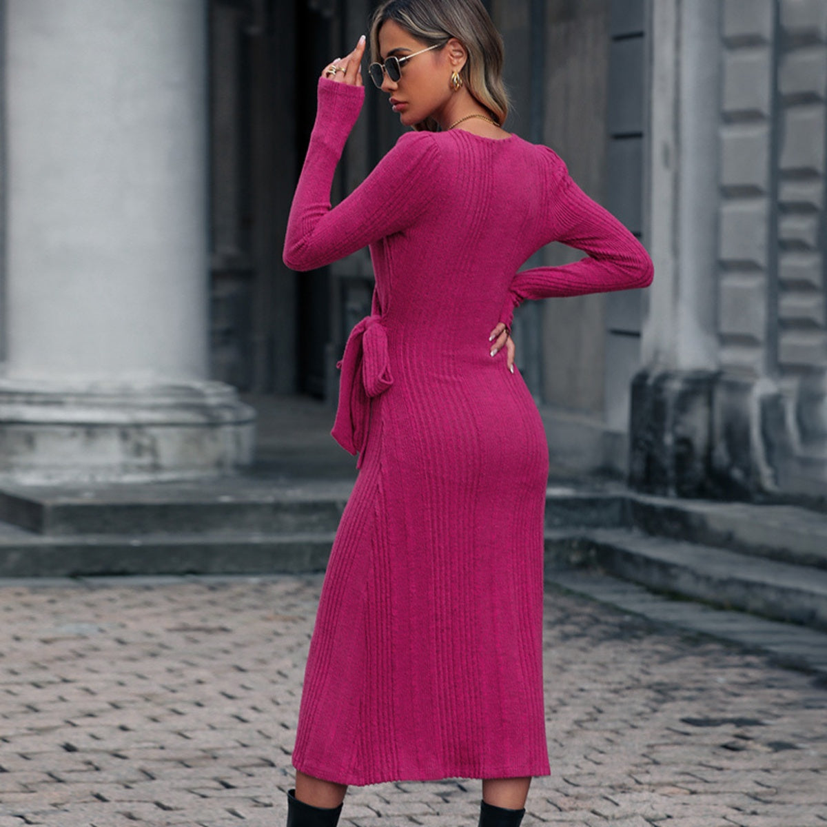 Surplice Neck Tied Long Sleeve Dress - AllIn Computer