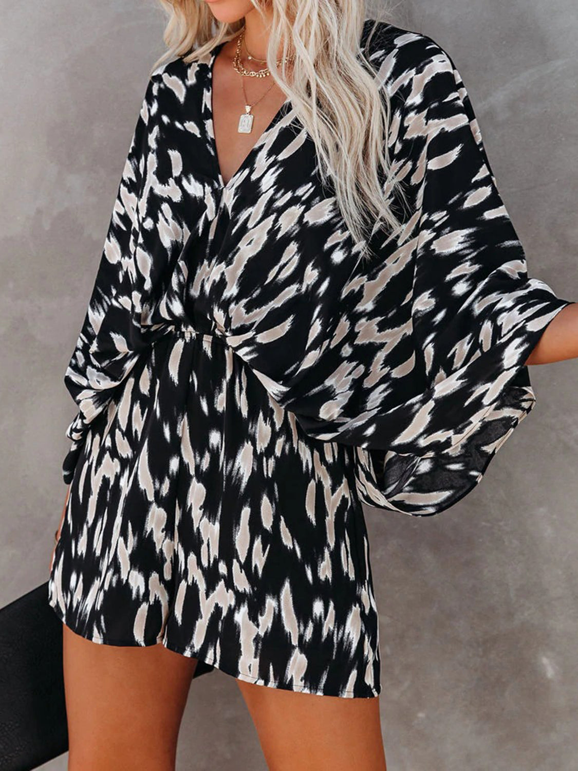 Tied Printed Kimono Sleeve Romper - AllIn Computer