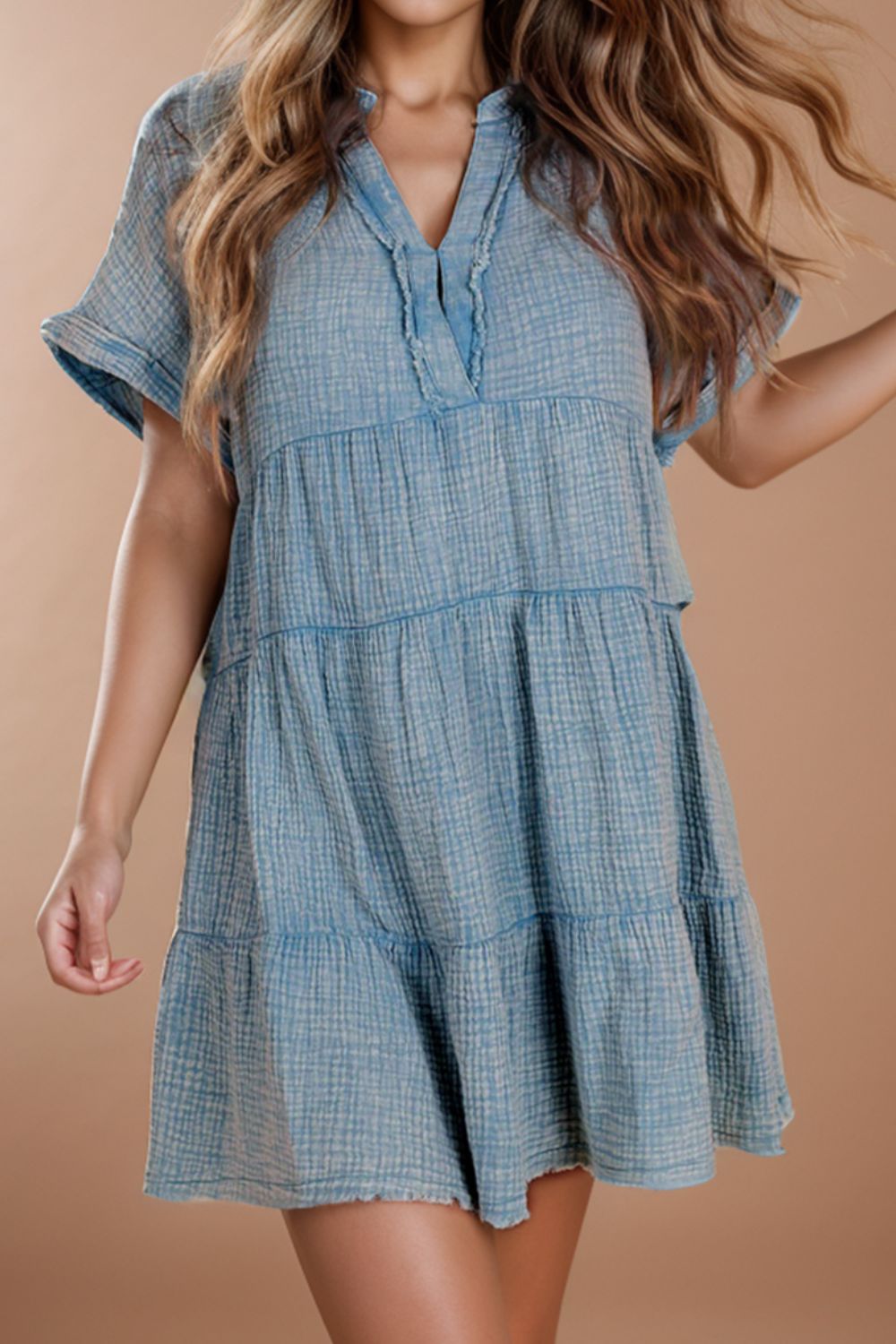 Tiered Notched Short Sleeve Dres - AllIn Computer