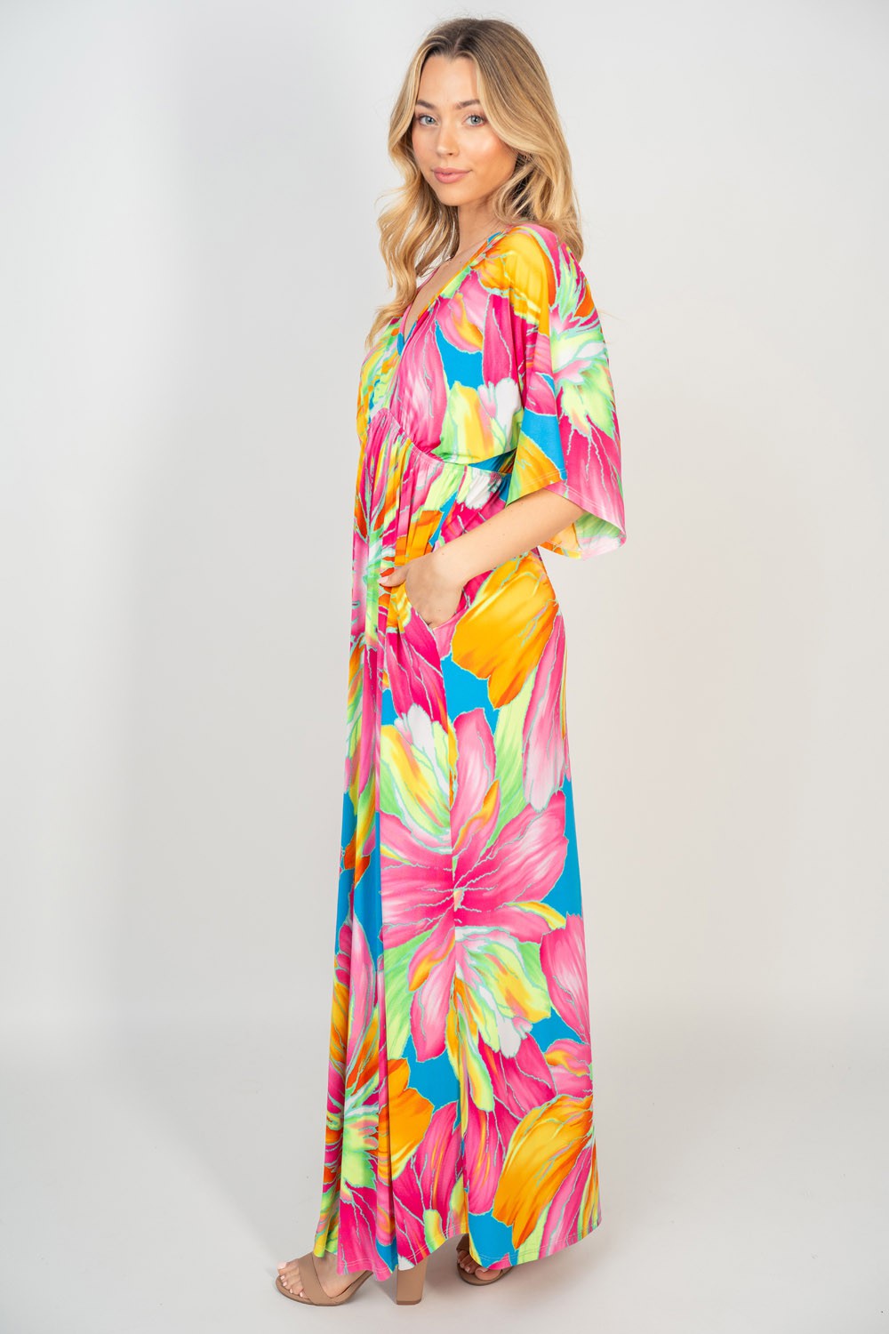 White Birch Printed V-Neck Maxi Dress with Pockets - AllIn Computer