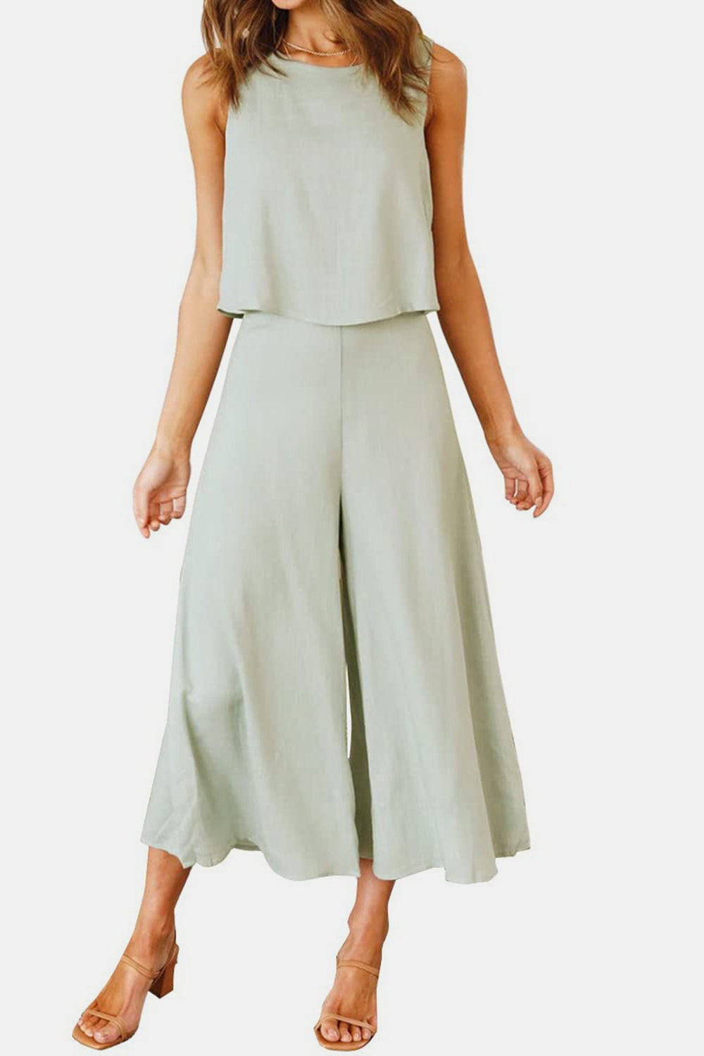 Round Neck Top and Wide Leg Pants Set - AllIn Computer
