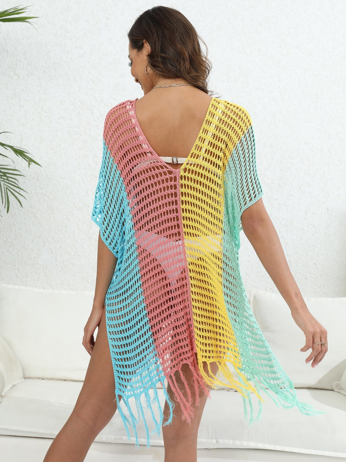 Fringe Color Block Scoop Neck Cover Up - AllIn Computer