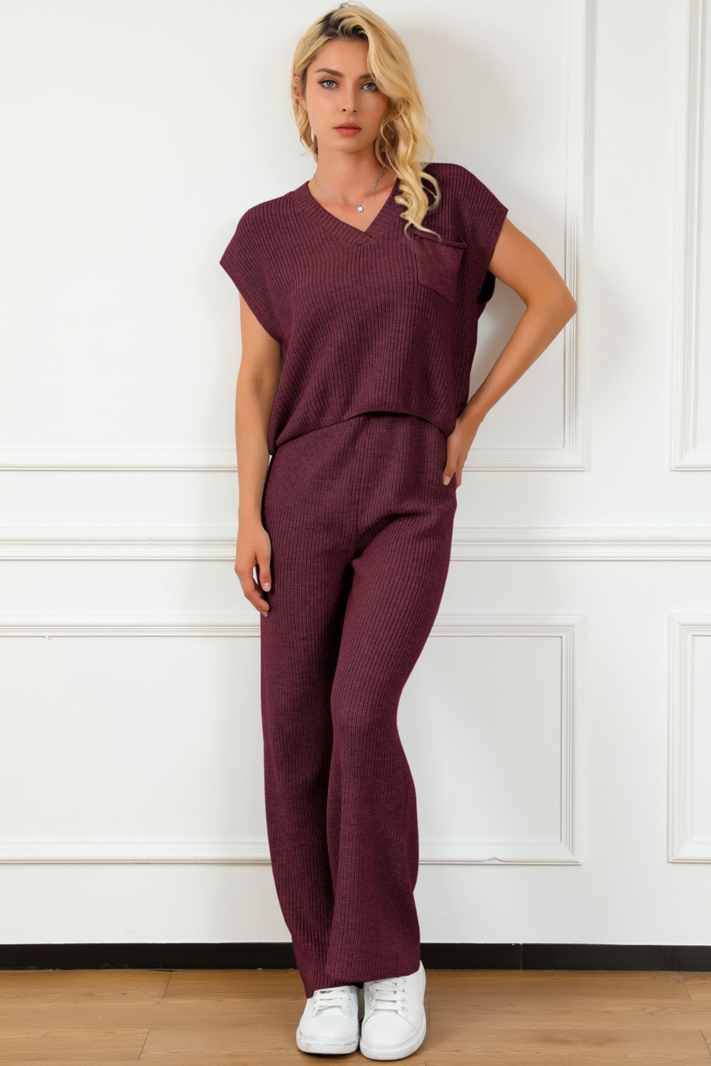 Pocketed V-Neck Top and Wide Leg Sweater Set - AllIn Computer