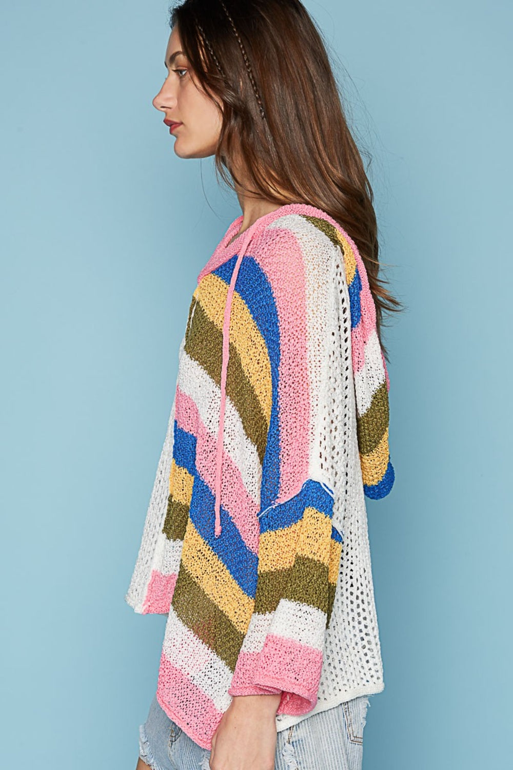 POL Openwork Drawstring Color Block Hooded Knit Top - AllIn Computer