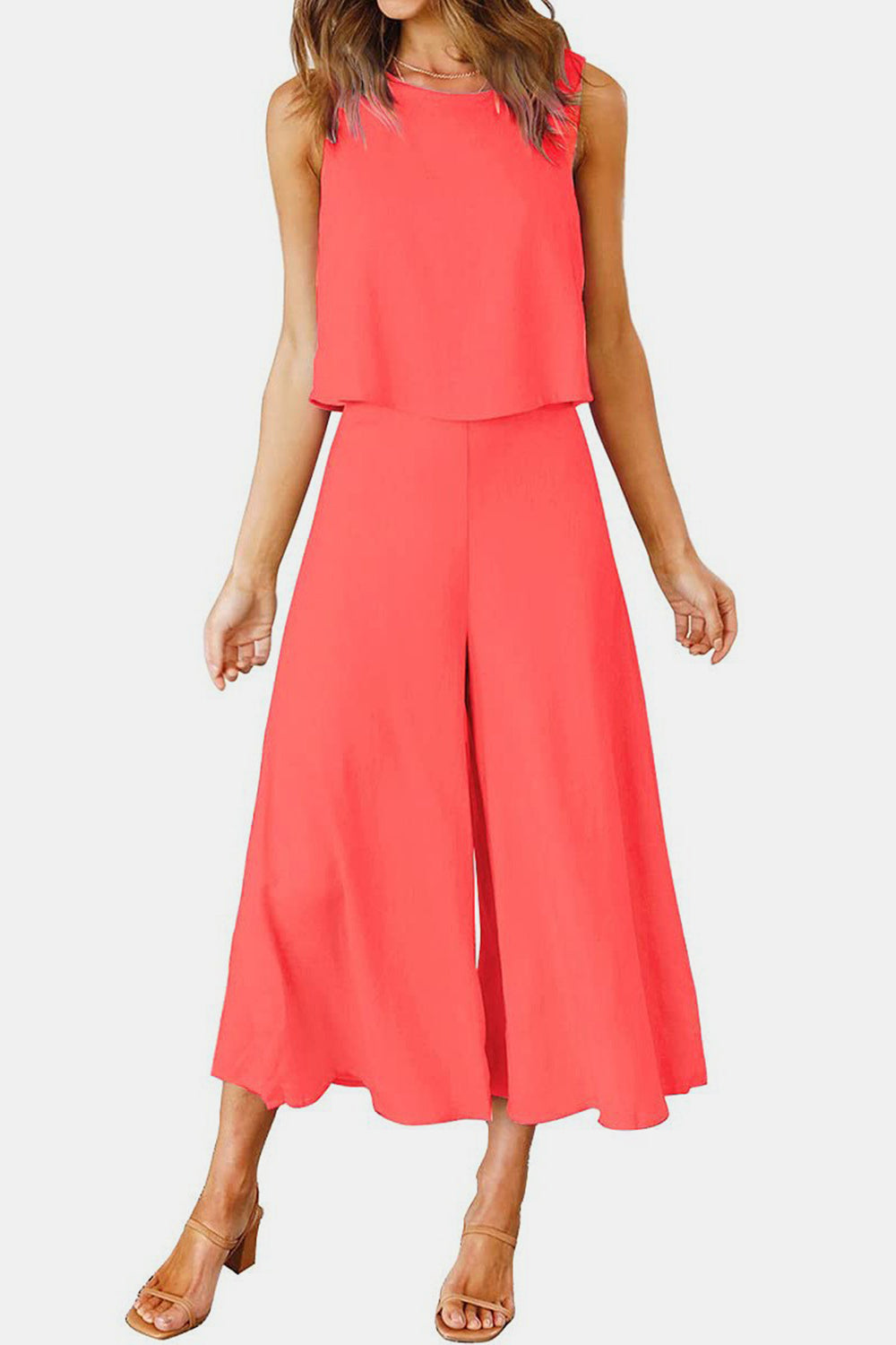 Round Neck Top and Wide Leg Pants Set - AllIn Computer