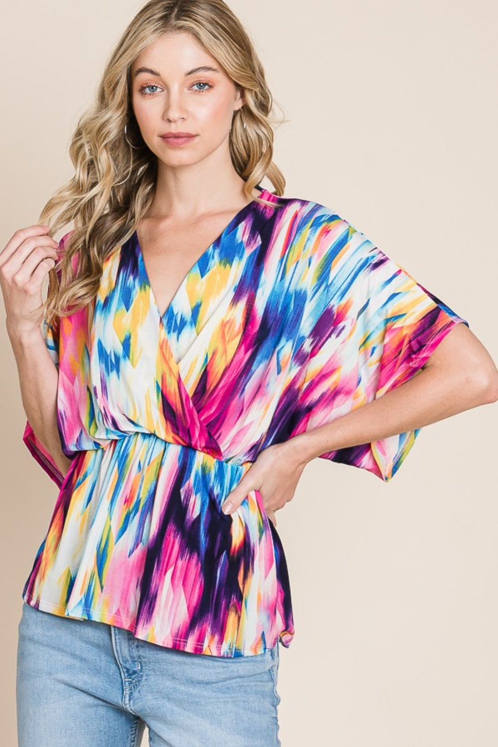 BOMBOM Printed Surplice Peplum Blouse - AllIn Computer