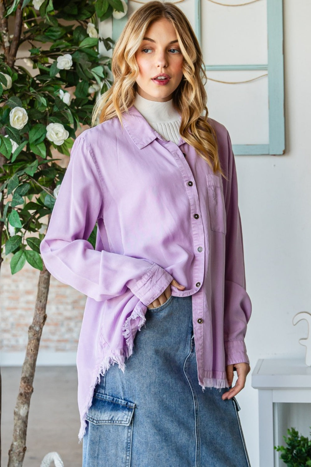 Veveret Raw Hem Button Up Long Sleeve Shirt - AllIn Computer