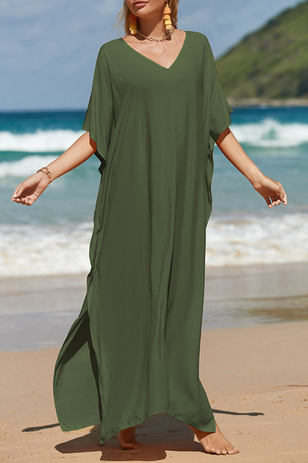 Slit V-Neck Half Sleeve Cover-Up - AllIn Computer