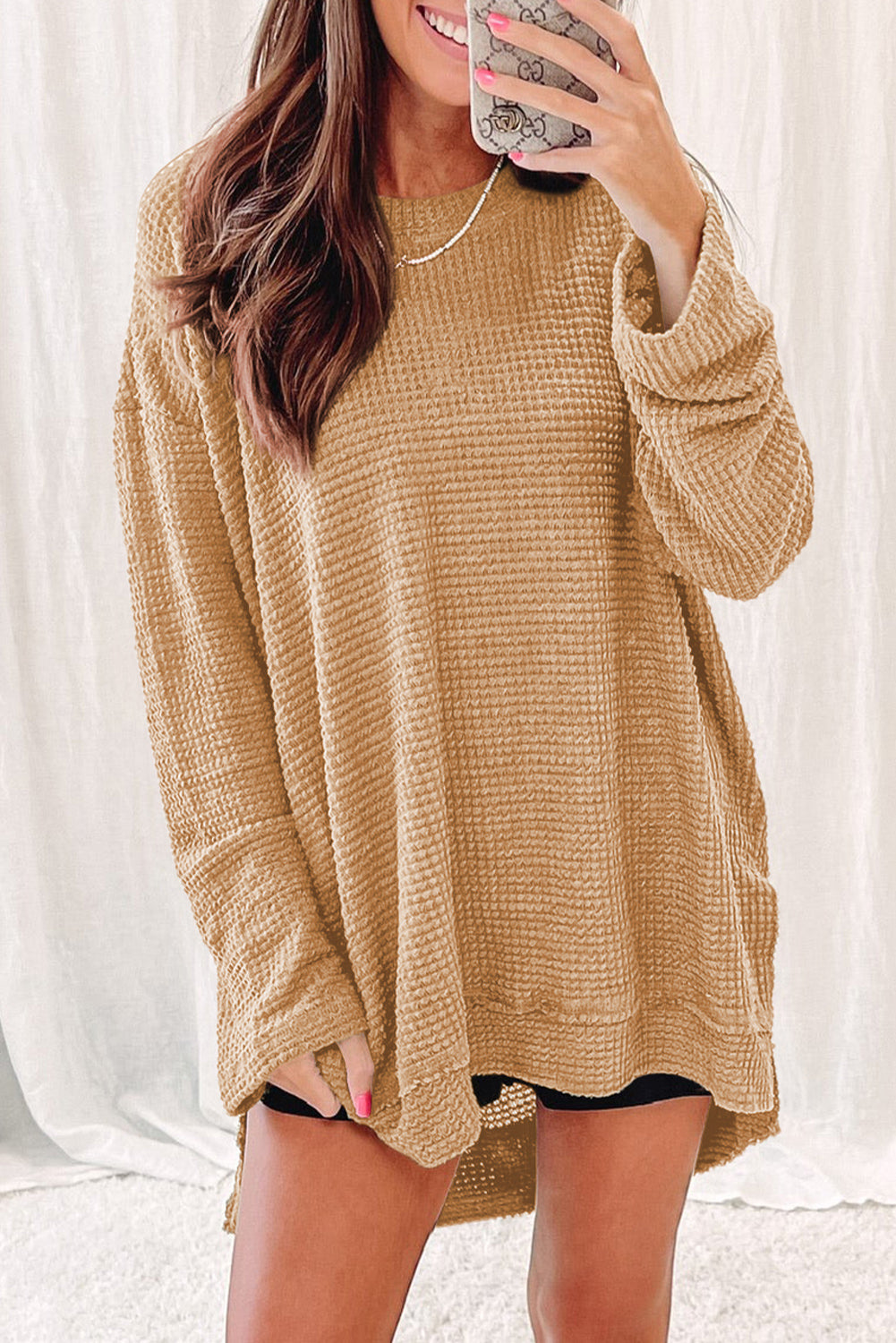Waffle-Knit Round Neck Long Sleeve Sweatshirt - AllIn Computer