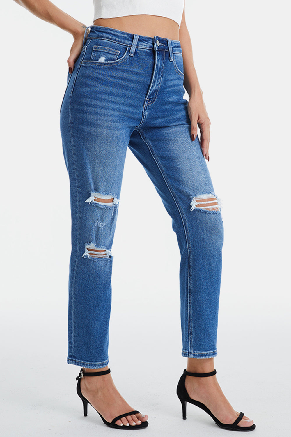 BAYEAS Full Size Distressed High Waist Mom Jeans - AllIn Computer