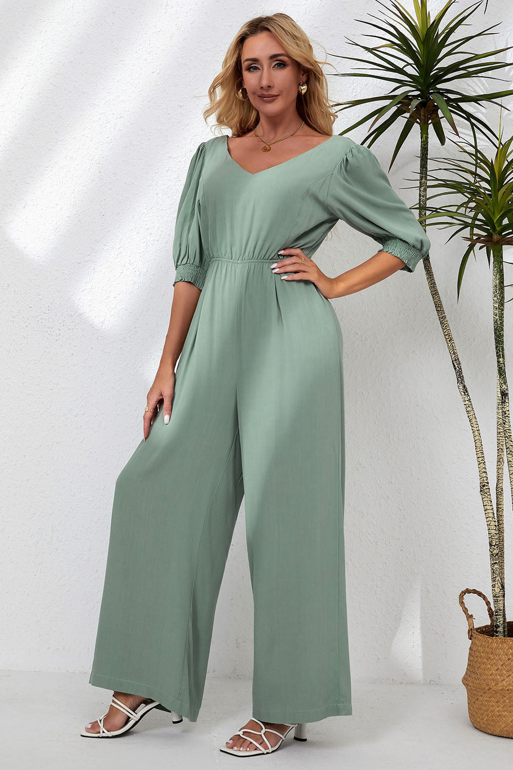V-Neck Half Sleeve Jumpsuit - AllIn Computer