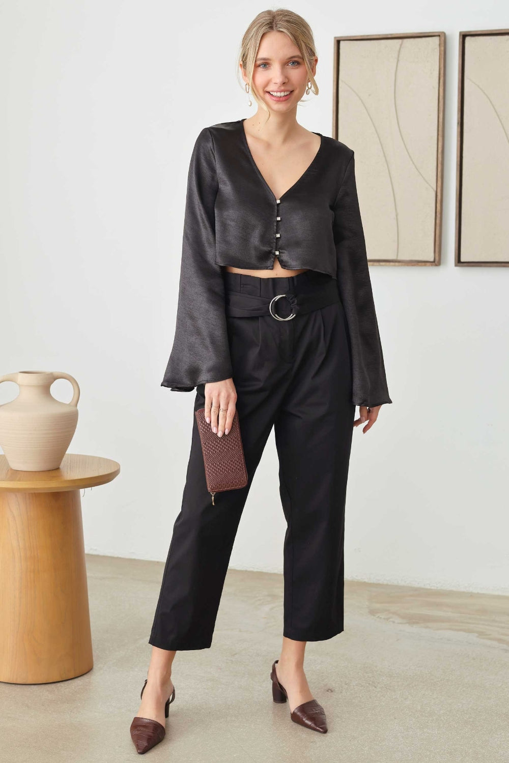Tasha Apparel Satin Rhinestone Buttons Closure Crop Top - AllIn Computer