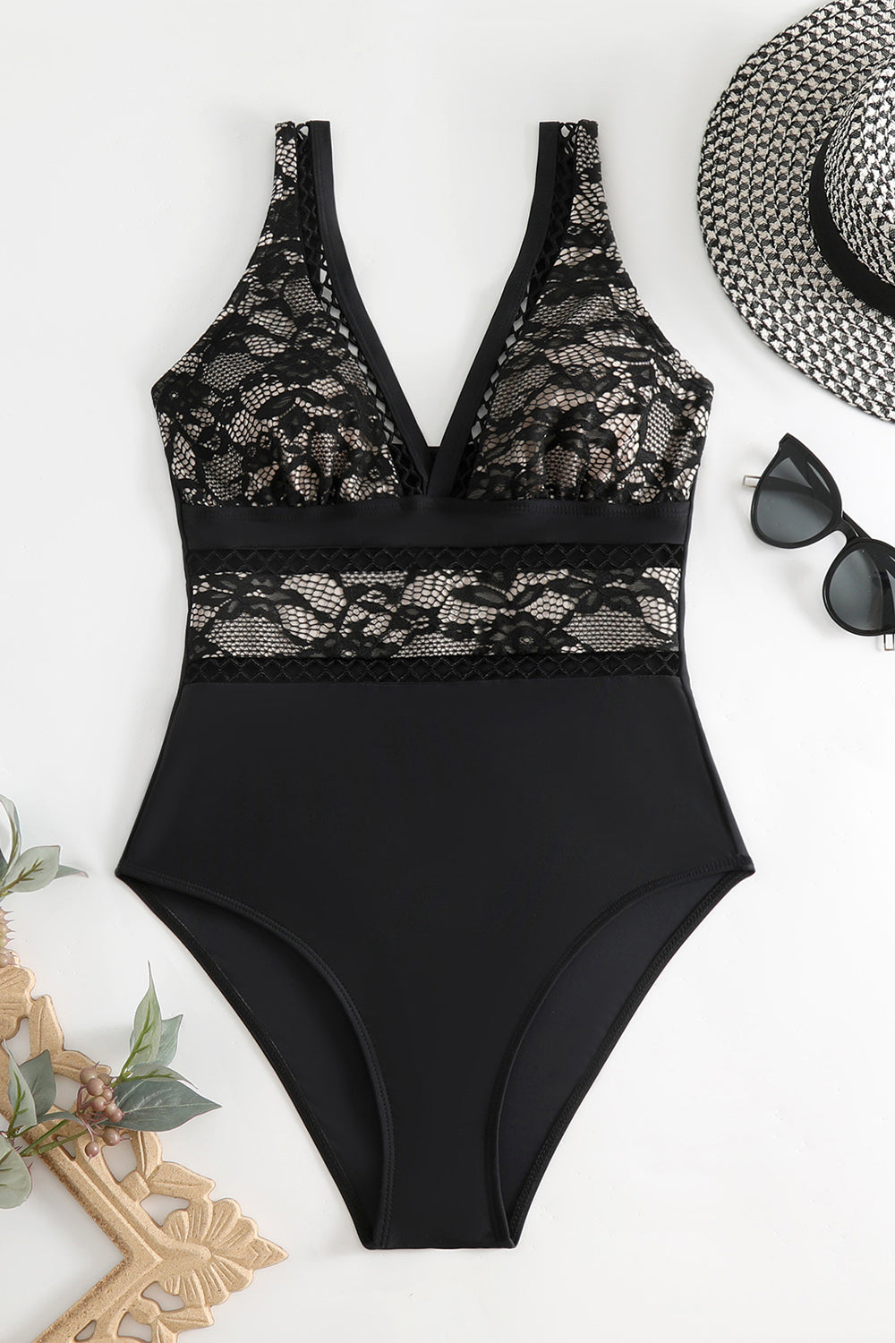 Lace V-Neck Sleeveless One-Piece Swimwear - AllIn Computer