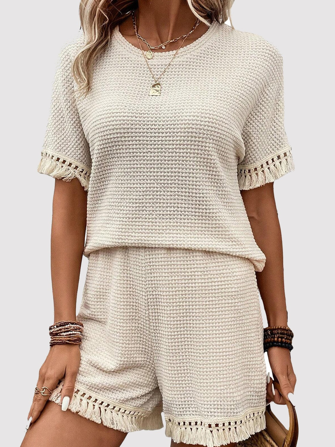Tassel Round Neck Top and Shorts Set - AllIn Computer