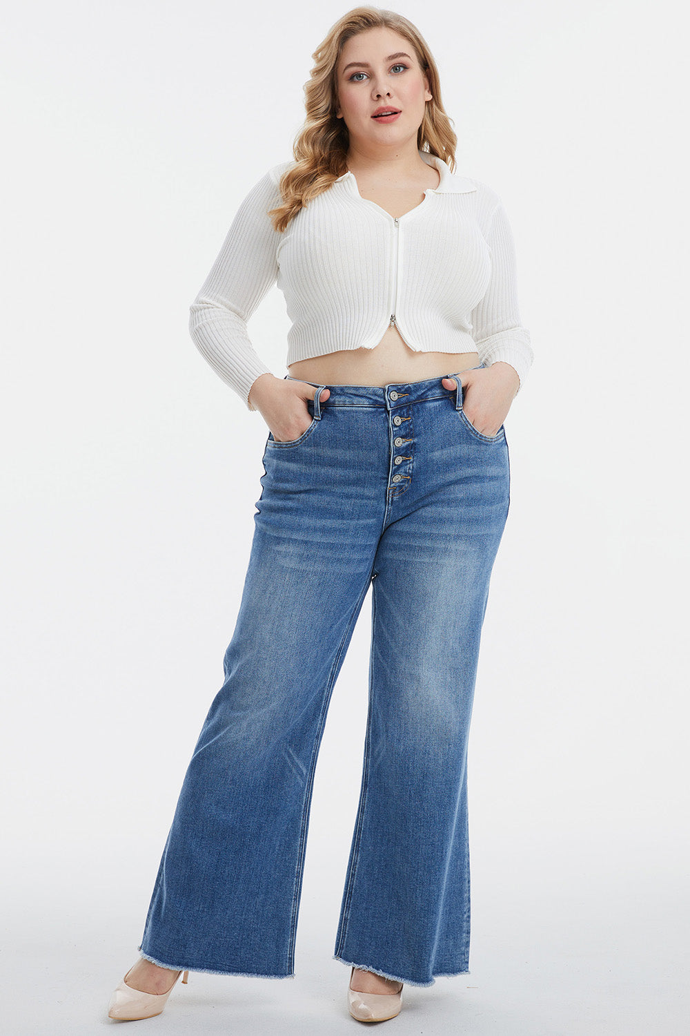 BAYEAS Full Size High Waist Button-Fly Raw Hem Wide Leg Jeans - AllIn Computer