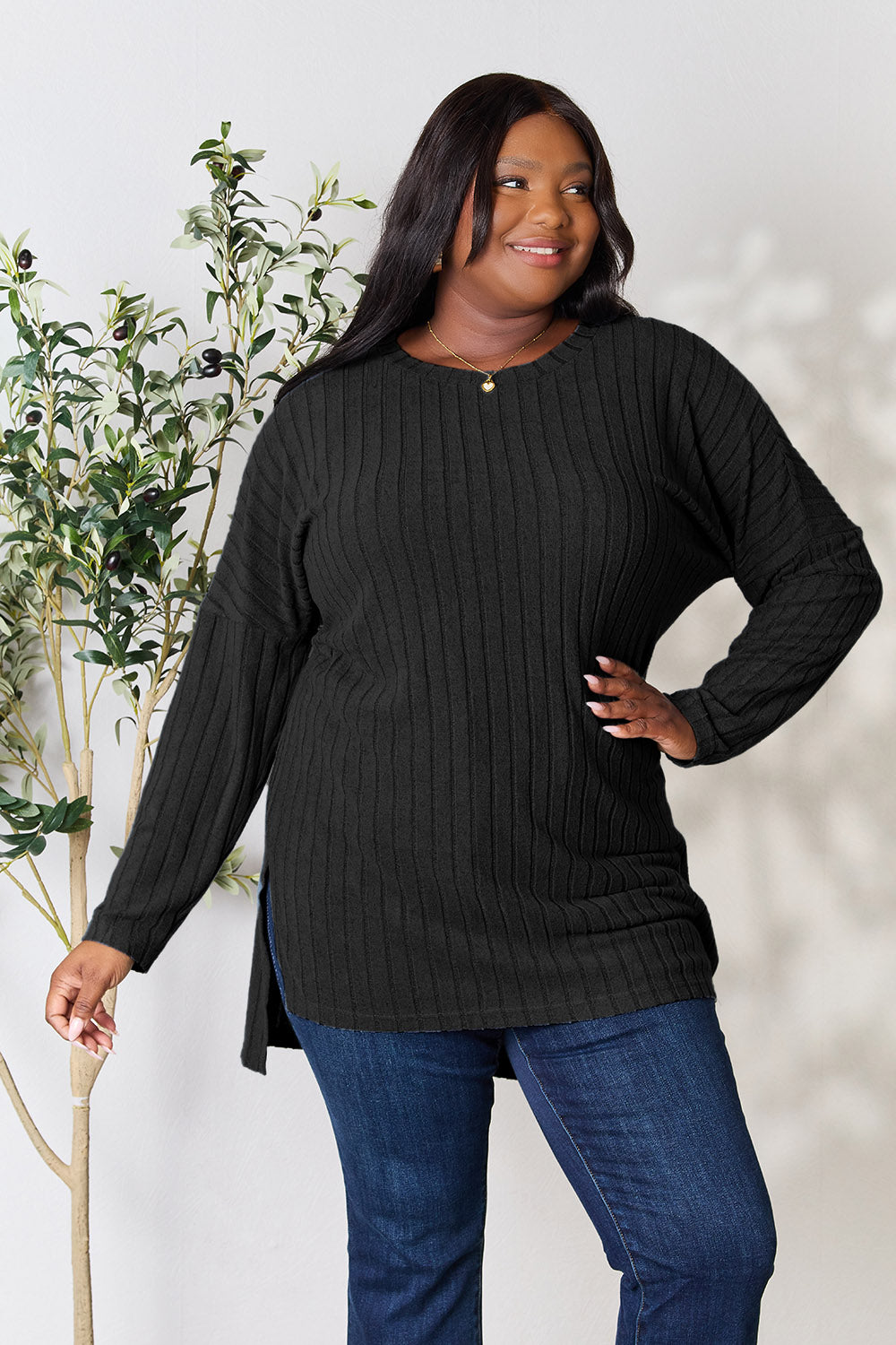 Basic Bae Full Size Ribbed Round Neck Long Sleeve Slit Top - AllIn Computer