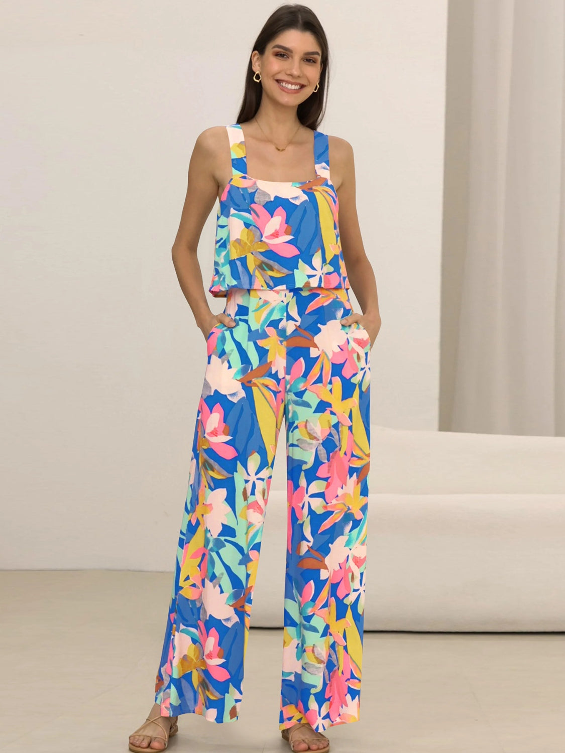 Printed Wide Strap Top and Pants Set - AllIn Computer