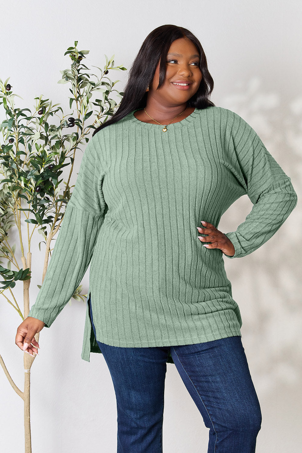 Basic Bae Full Size Ribbed Round Neck Long Sleeve Slit Top - AllIn Computer