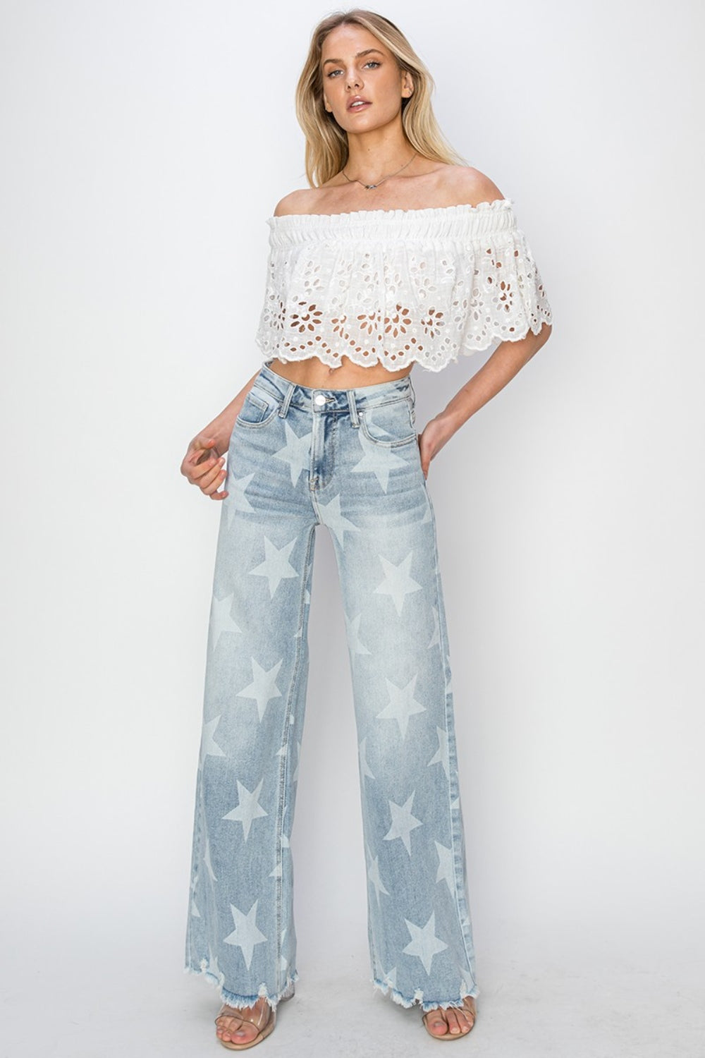 RISEN Full Size Raw Hem Star Wide Leg Jeans - AllIn Computer