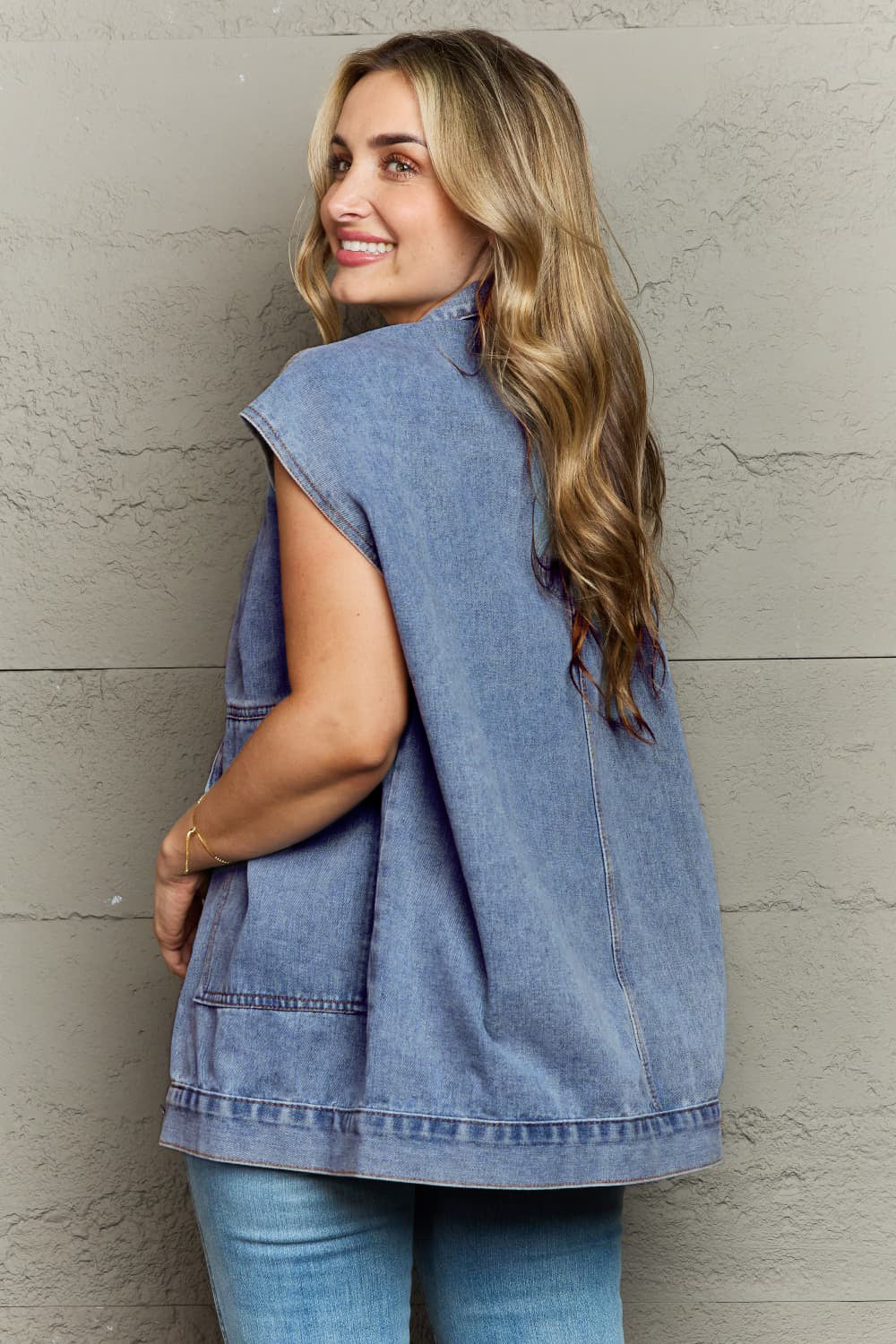 Collared Neck Sleeveless Denim Top with Pockets - AllIn Computer