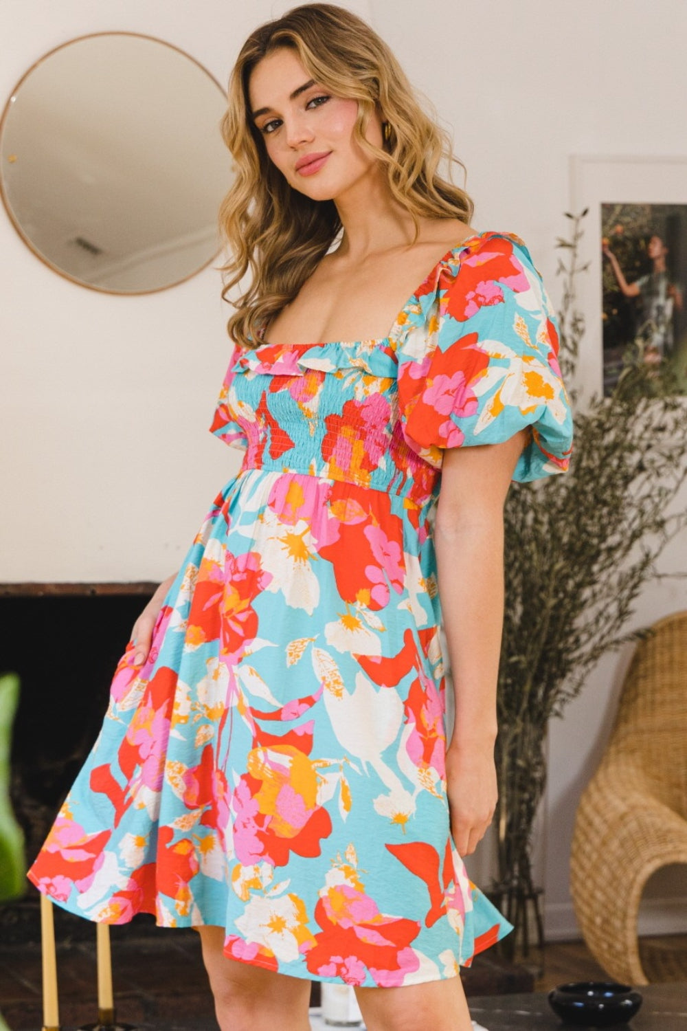 ODDI Printed Smocked Puff Sleeve Mini Dress - AllIn Computer