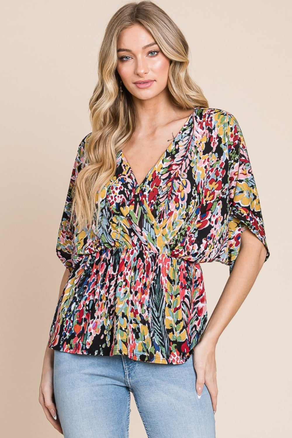 BOMBOM Printed Surplice Peplum Blouse - AllIn Computer