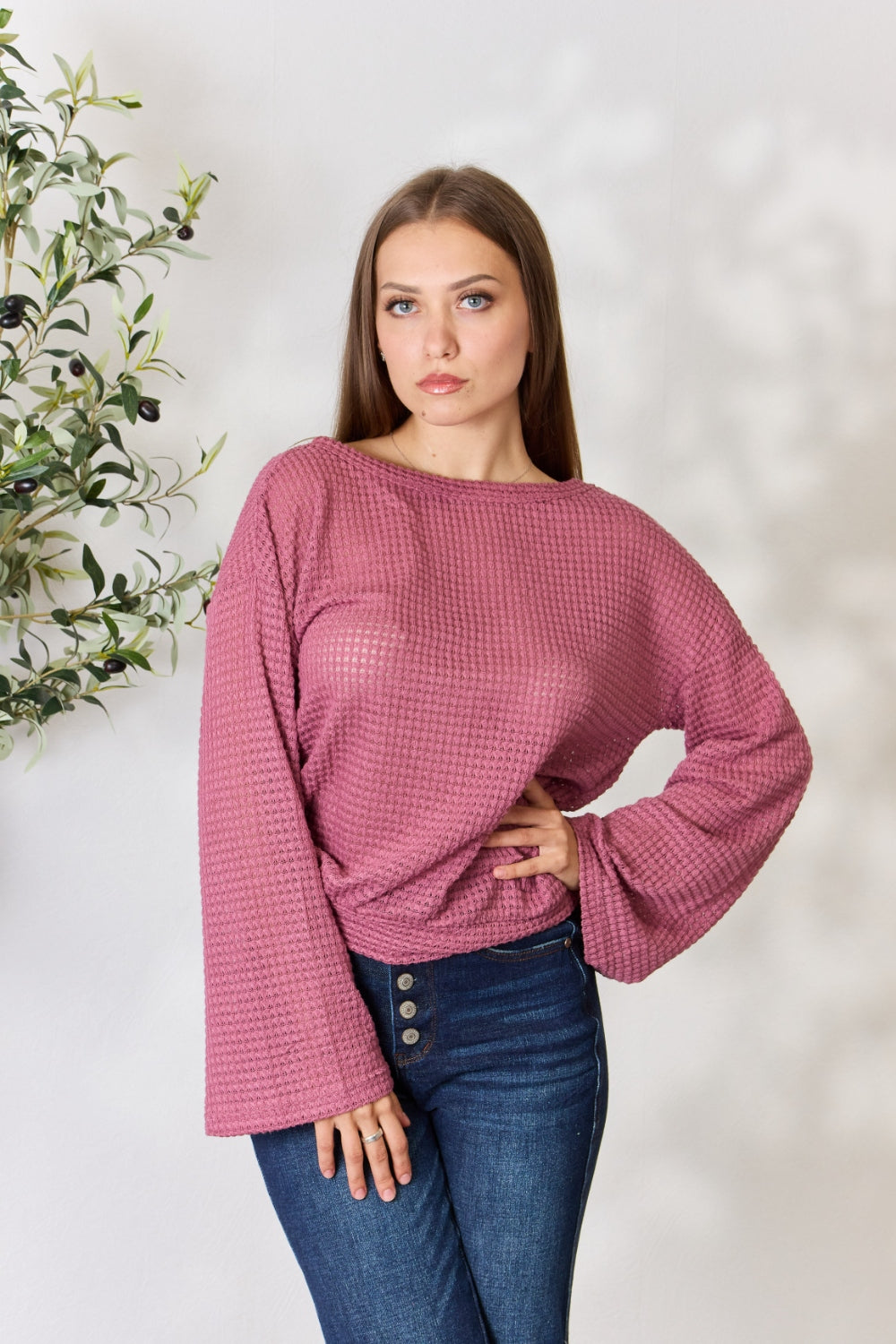 Culture Code Full Size Waffle-Knit Round Neck Long Sleeve Blouse - AllIn Computer