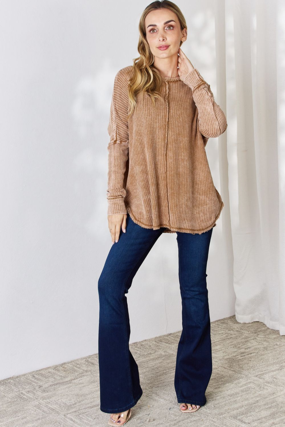 Zenana Oversized Washed Waffle Long Sleeve Top - AllIn Computer