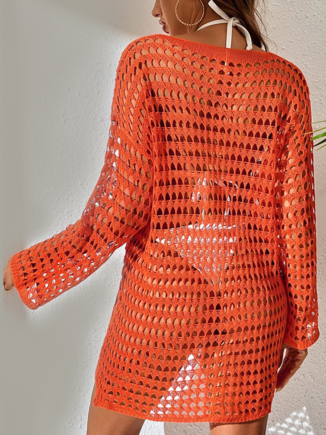 Openwork Boat Neck Long Sleeve Cover-Up - AllIn Computer