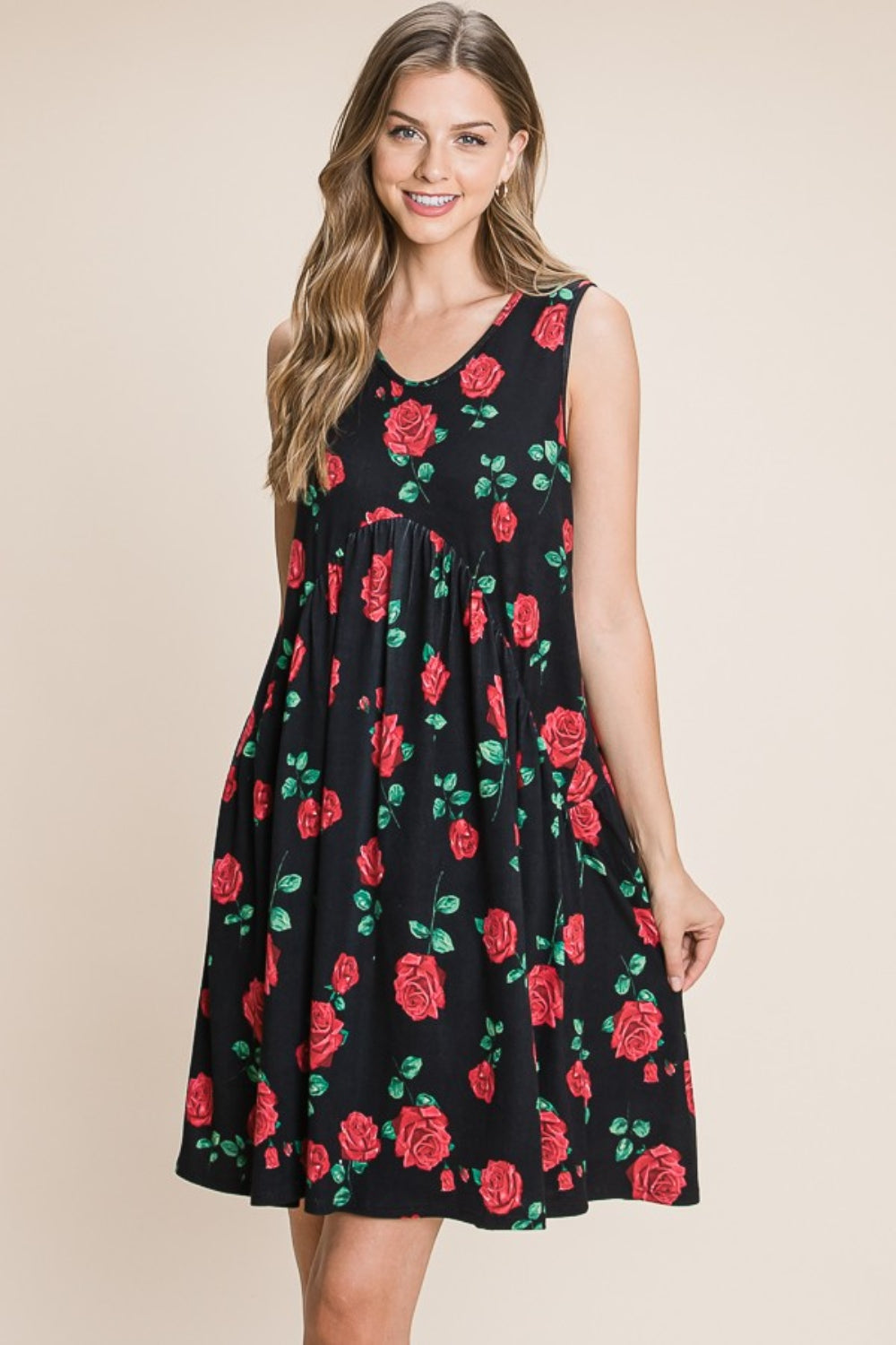 BOMBOM Floral Ruched Tank Dress - AllIn Computer