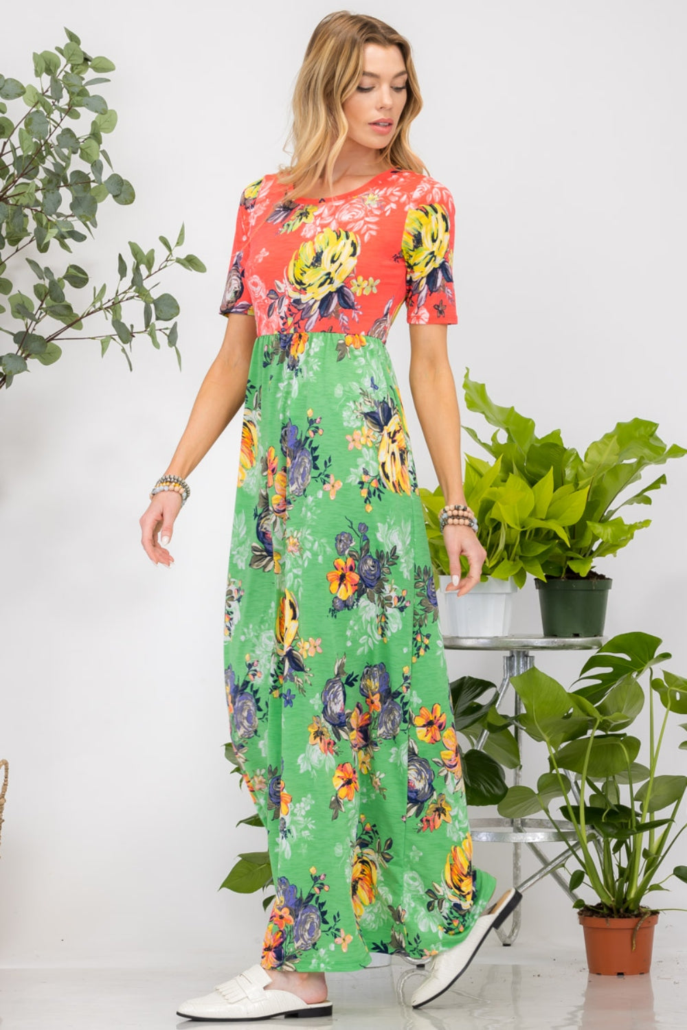 Celeste Full Size Printed Round Neck Short Sleeve Maxi Dress - AllIn Computer