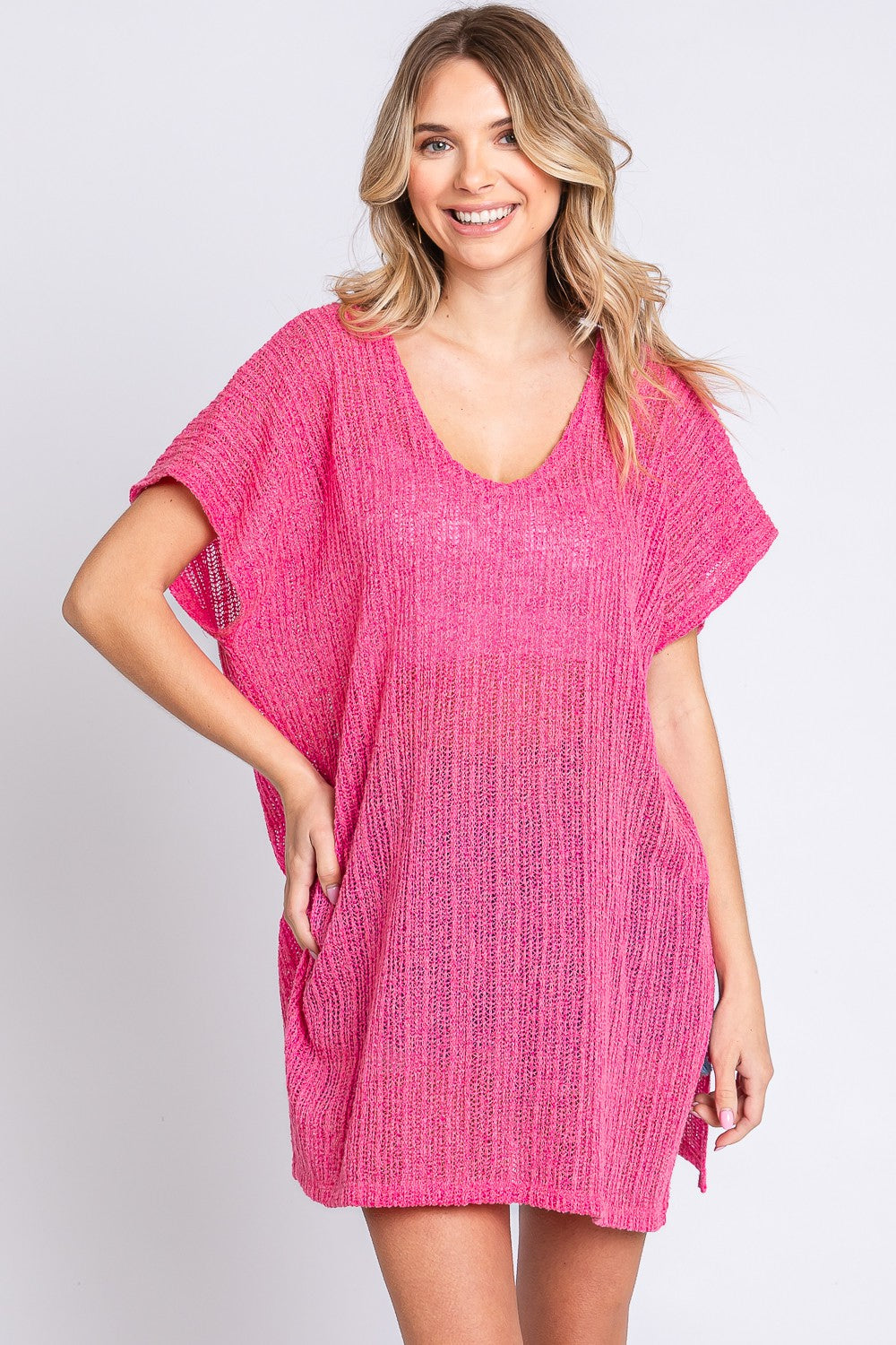 GeeGee Short Sleeve Side Slit Knit Cover Up Dress - AllIn Computer