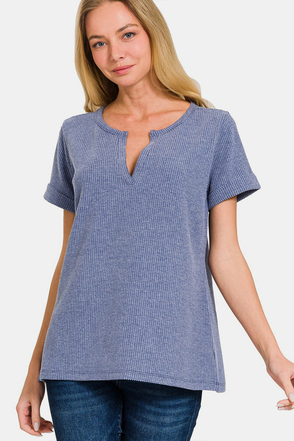 Zenana Notched Short Sleeve Waffle T-Shirt - AllIn Computer
