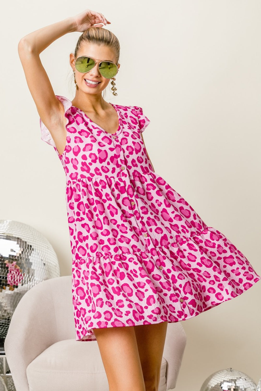 BiBi Leopard Cap Sleeve Tiered Mini Dress - AllIn Computer