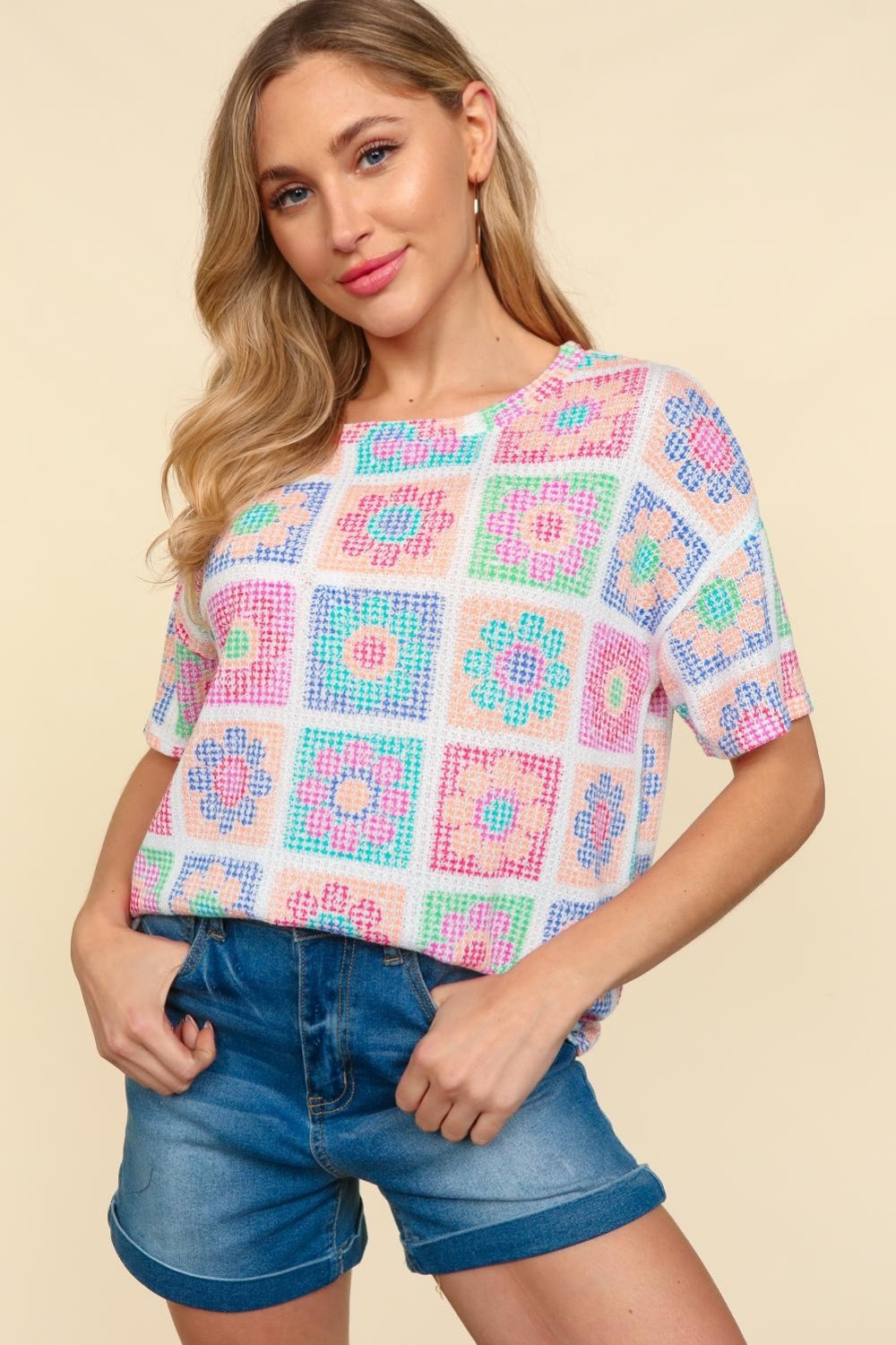 Haptics Flower Print Round Neck Short Sleeve T-Shirt - AllIn Computer