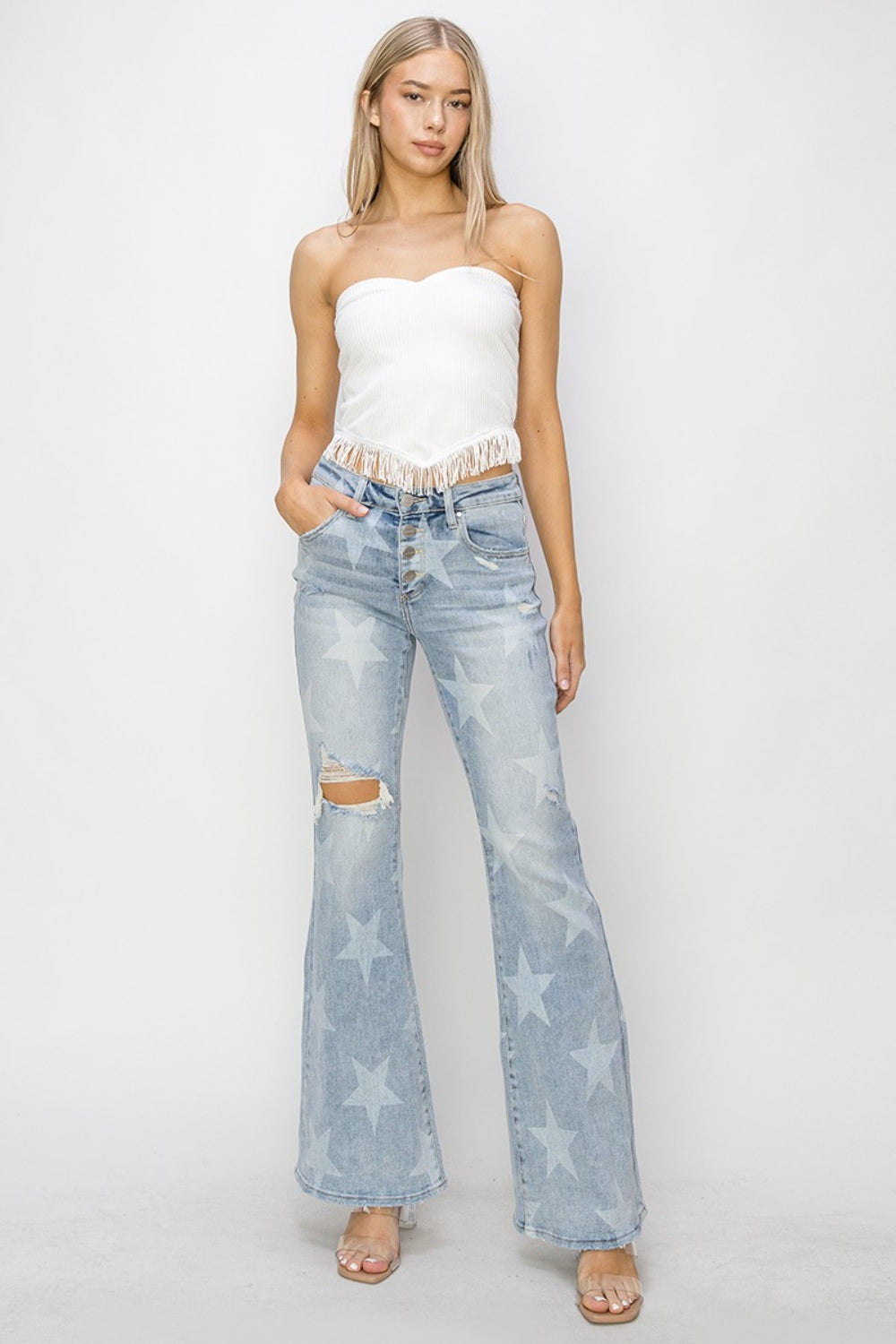 RISEN Mid-Rise Button Fly Star Print Flare Jeans - AllIn Computer