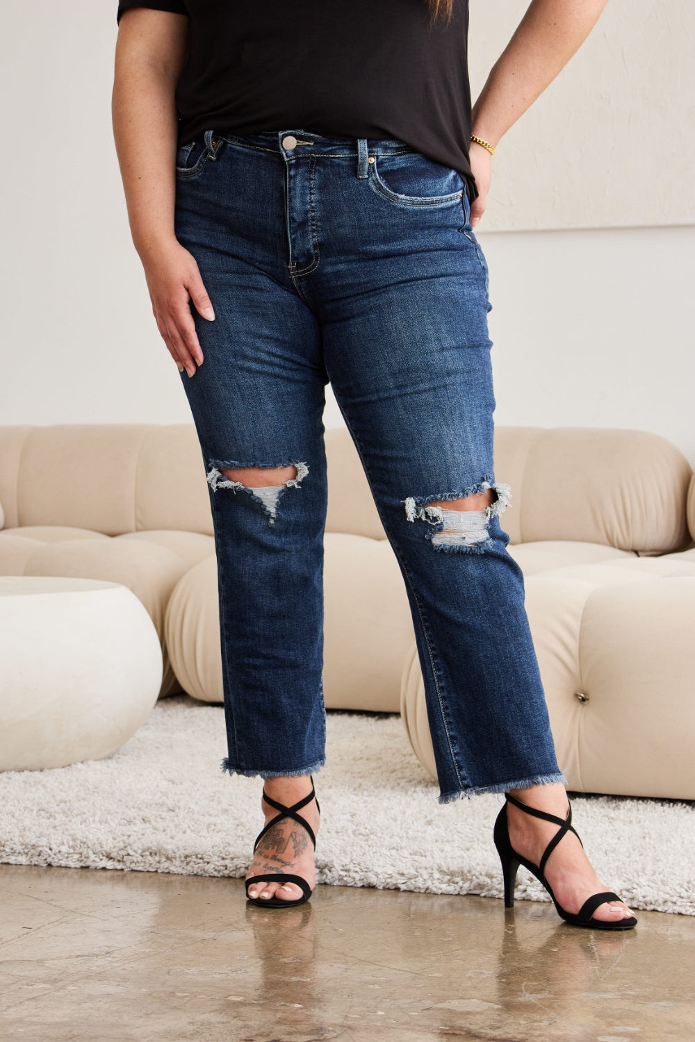 RFM Crop Dylan Full Size Tummy Control Distressed High Waist Raw Hem Jeans - AllIn Computer