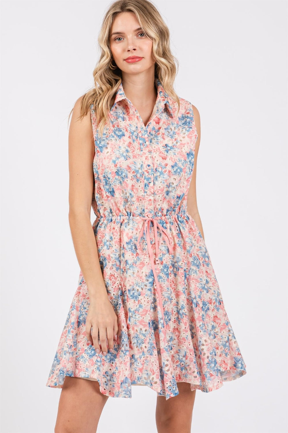 GeeGee Full Size Floral Eyelet Sleeveless Mini Dress - AllIn Computer