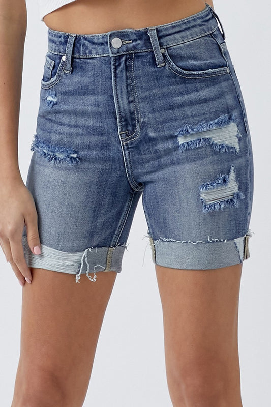 RISEN Full Size Distressed Rolled Denim Shorts with Pockets - AllIn Computer