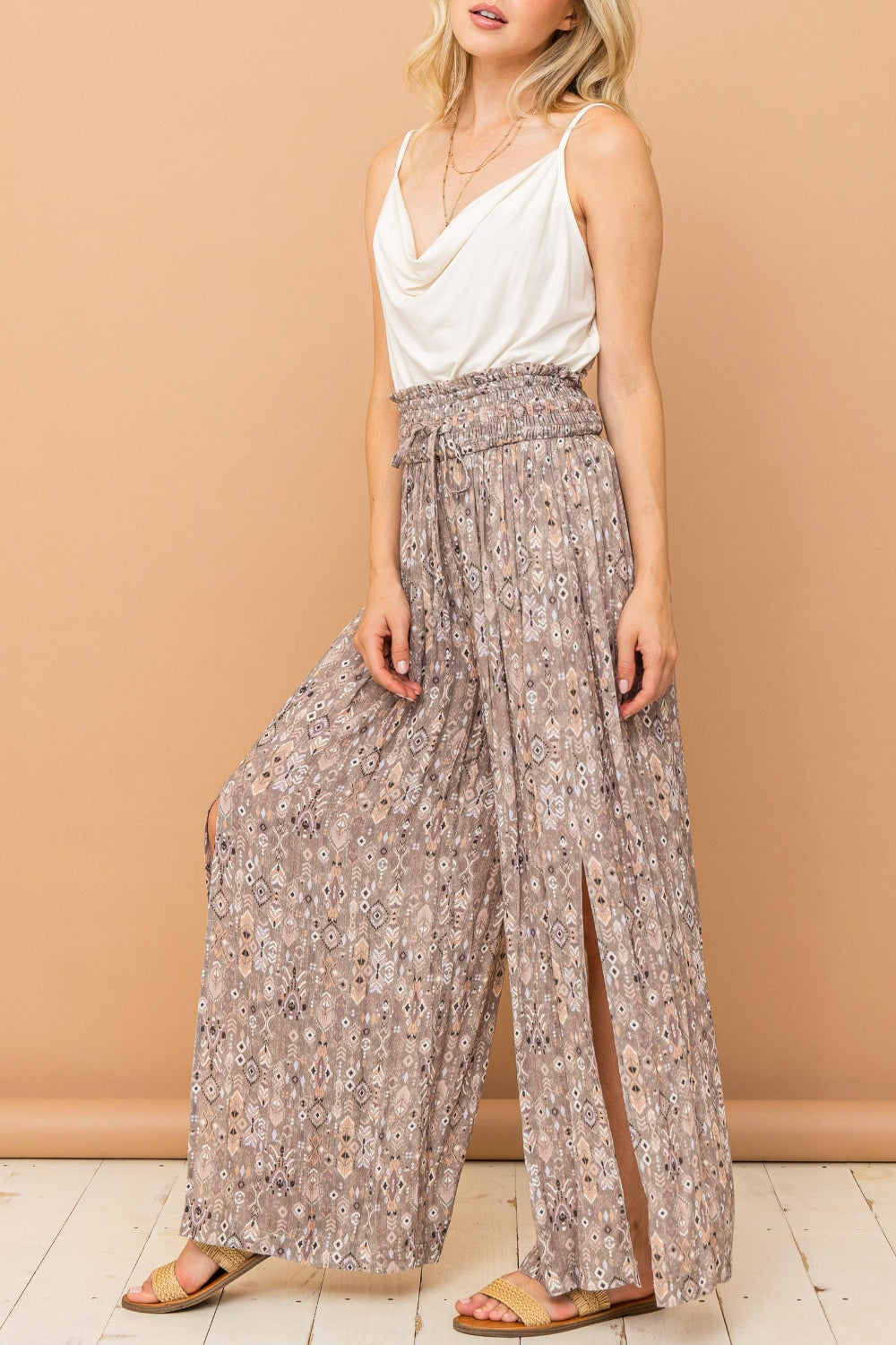 And The Why Printed Smocked Waist Slit Wide Leg Pants - AllIn Computer
