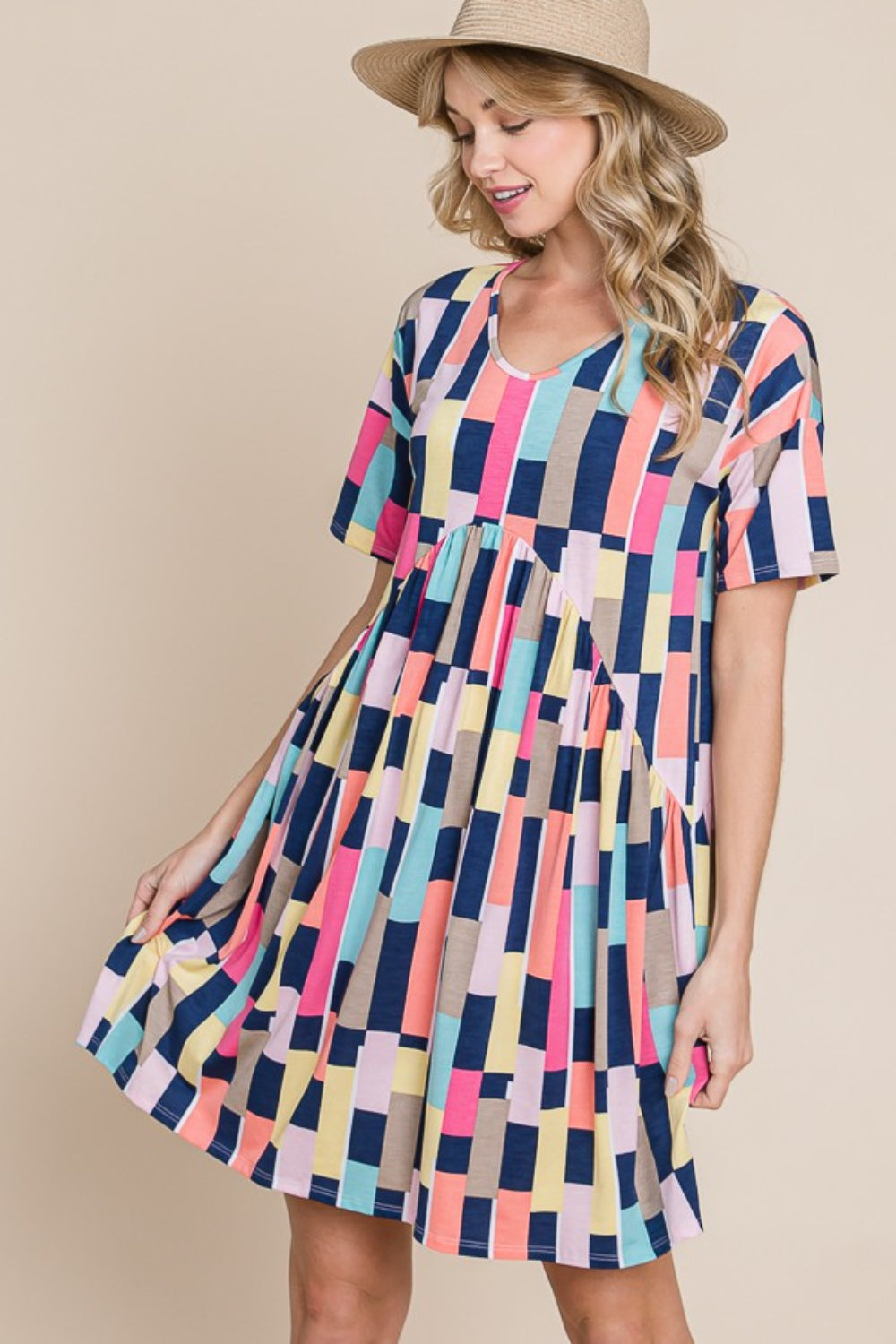 BOMBOM Ruched Color Block Short Sleeve Mini Dress - AllIn Computer