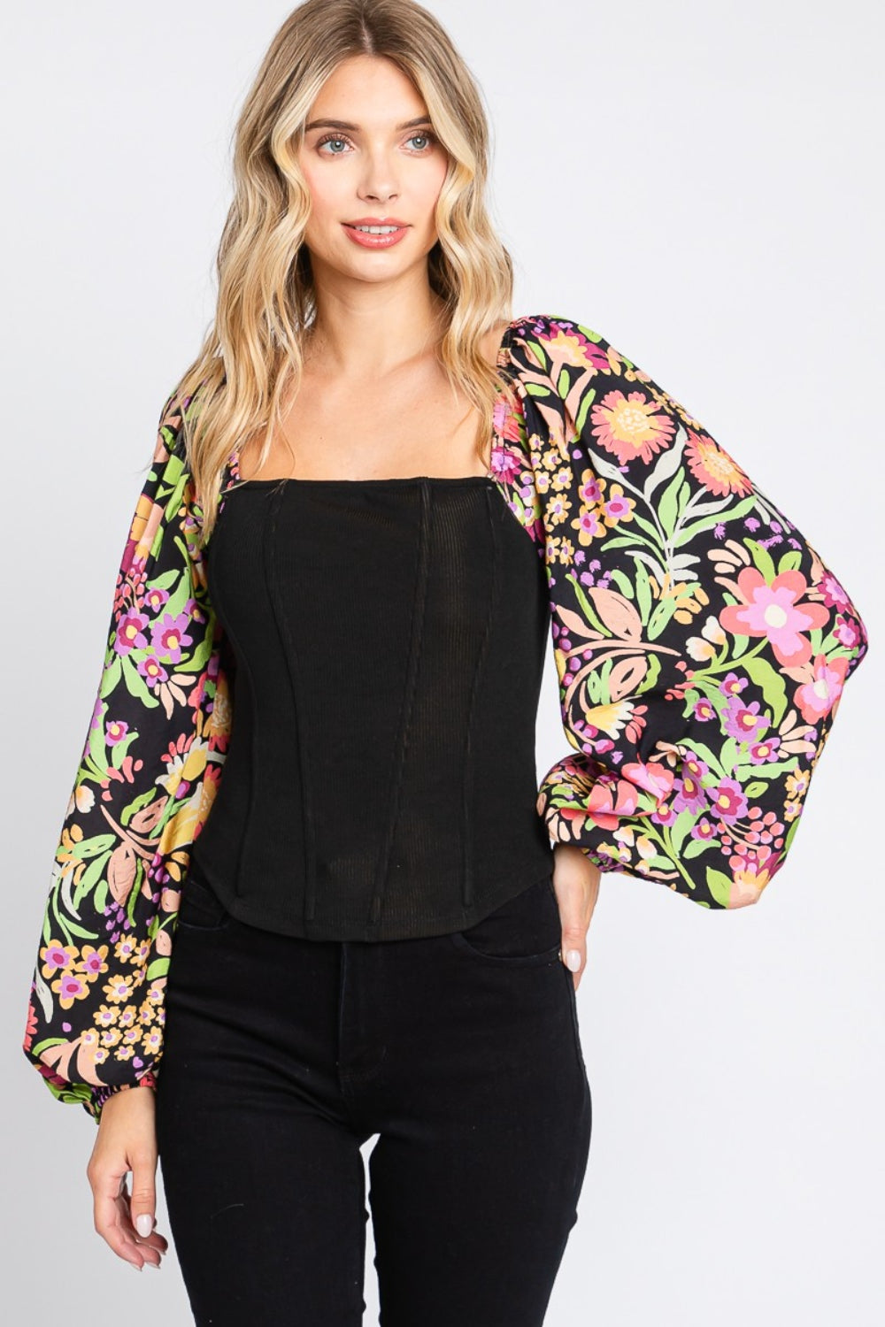 ODDI Full Size Floral Balloon Sleeve Blouse - AllIn Computer