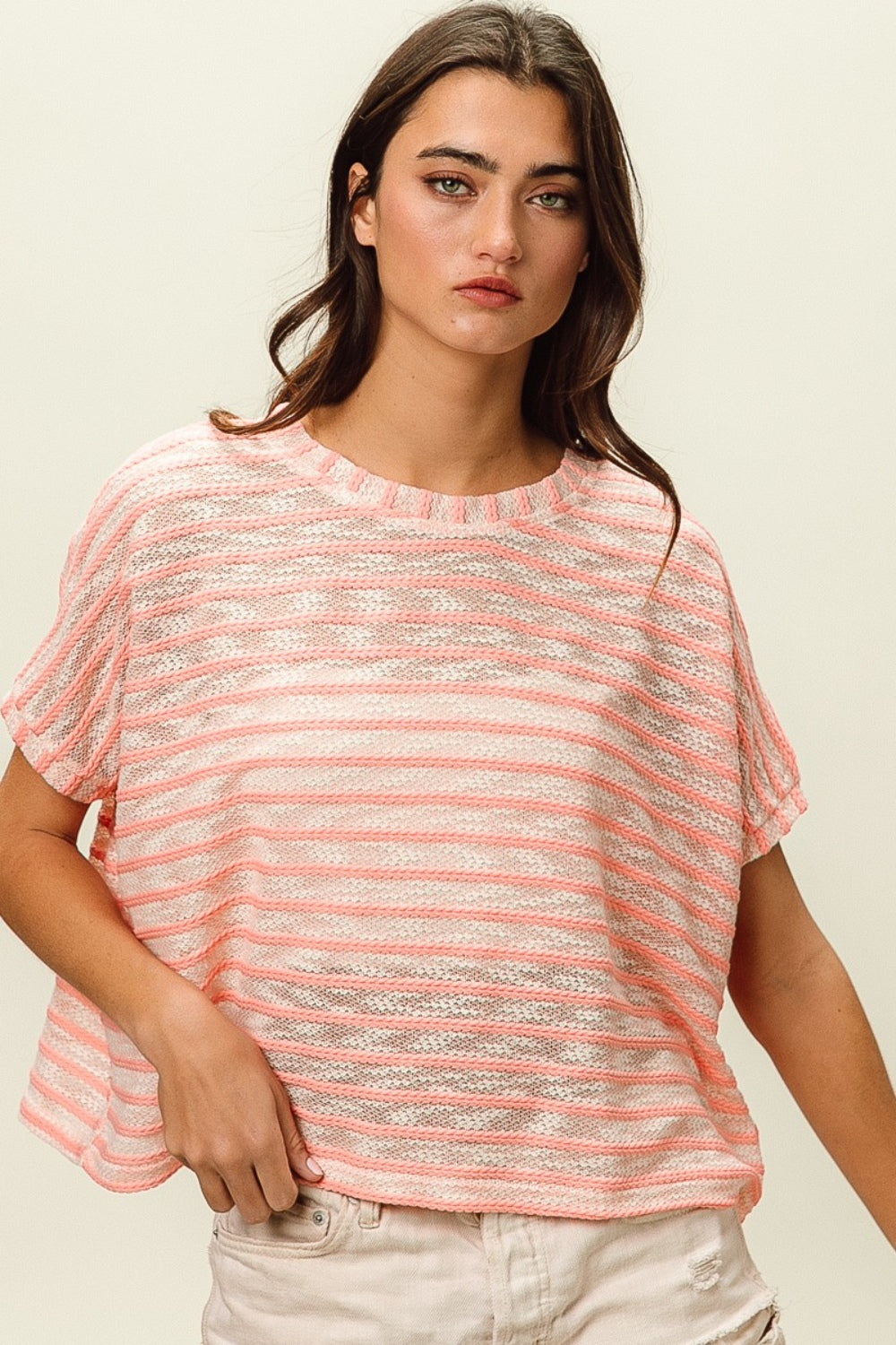 BiBi Braid Striped Short Sleeve Round Neck T-Shirt - AllIn Computer