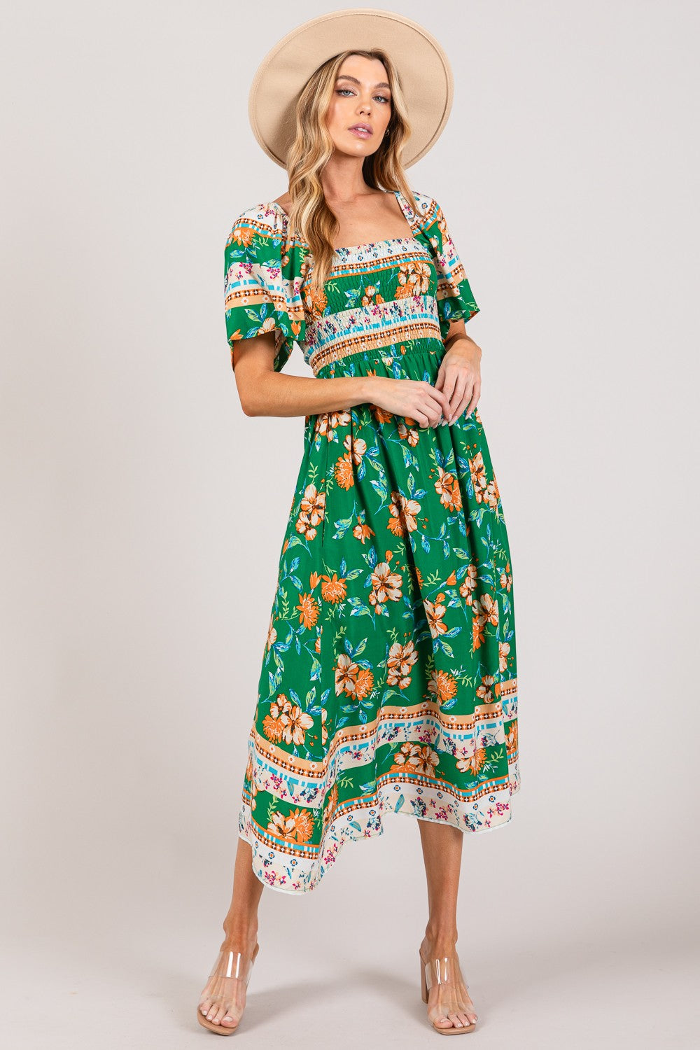 SAGE + FIG Printed Smocked Short Sleeve Midi Dress - AllIn Computer