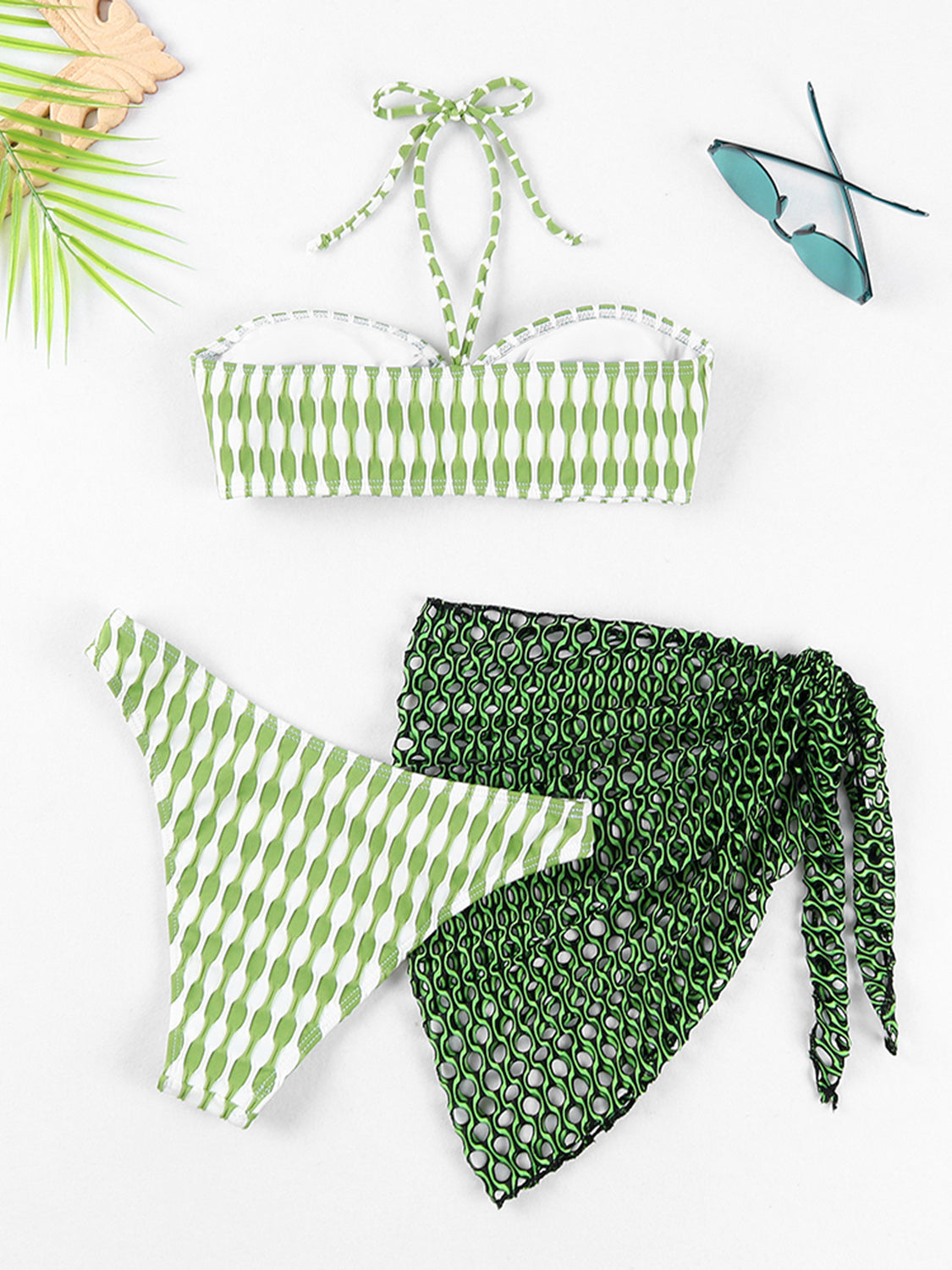 Geometric Halter Neck Three-Piece Swim Set - AllIn Computer