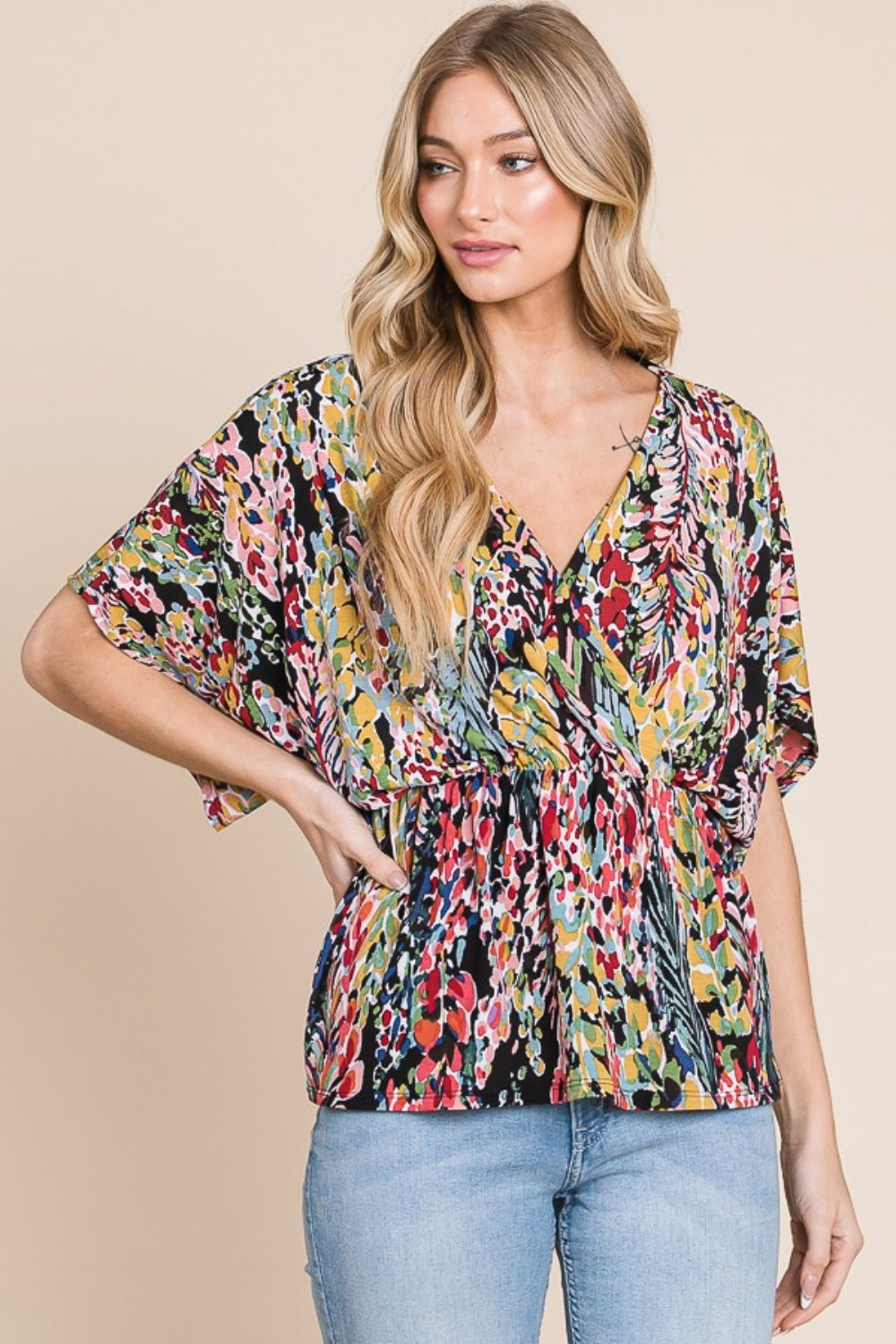 BOMBOM Printed Surplice Peplum Blouse - AllIn Computer
