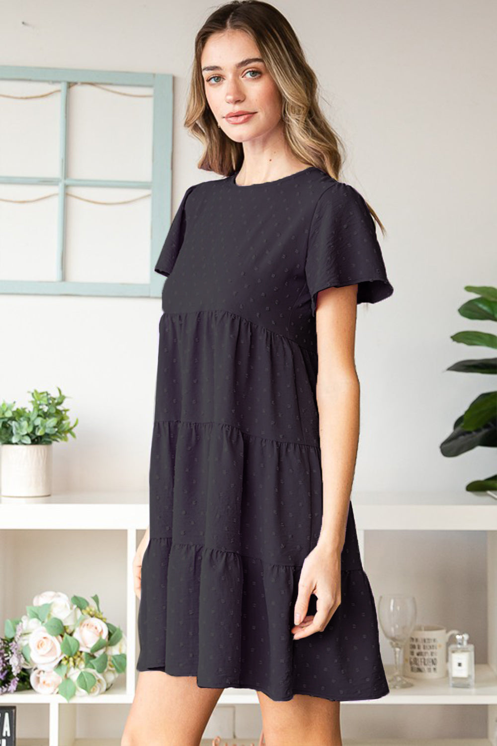 Heimish Swiss Dot Short Sleeve Tiered Dress - AllIn Computer