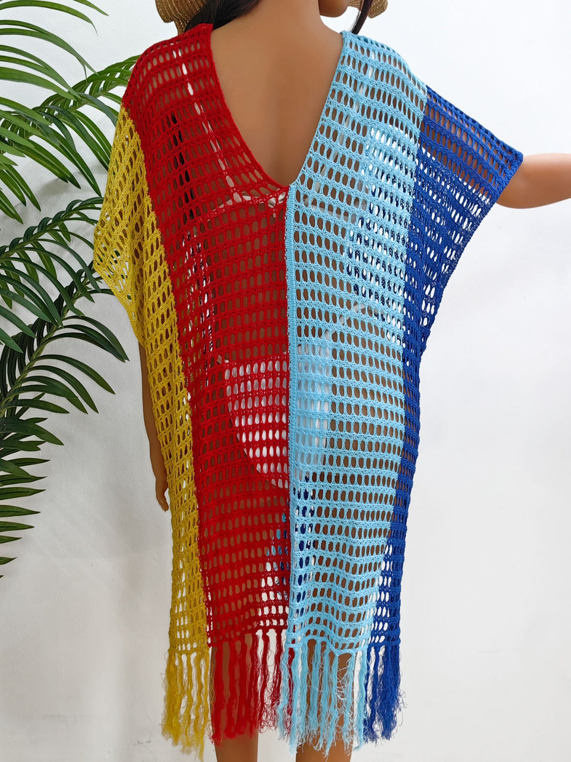 Fringe Color Block Scoop Neck Cover Up - AllIn Computer